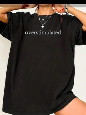 Oversized "Overstimulated" Black Graphic Tee Dress